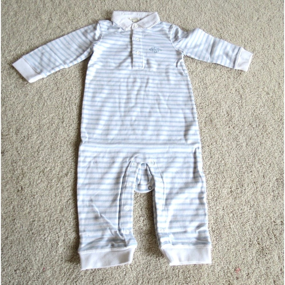 Pottery Barn Kids Baby One Piece Outfit Polo Blue White Stripe Cotton 6-12 Mo